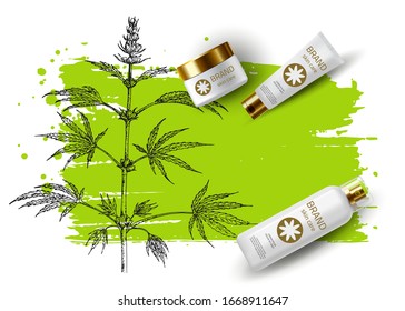 Cannabis, hemp sketch vector background. Medicinal eco herbs. Natural wild herbal cosmetic. Pharmacy herbs. Product Mockup. 3d realistic cosmetic bottles. Tube, spray, jar of cream. Skin care product.