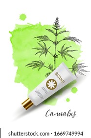 Cannabis, hemp sketch vector background. Medicinal eco herbs. Natural wild herbal cosmetic. Pharmacy herbs. Product Mockup. 3d realistic cosmetic bottle. Green watercolor stain. Cosmetic white tube.