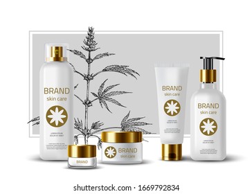 Cannabis, hemp sketch vector background. Medicinal eco herbs. Natural wild herbal cosmetic. Pharmacy herbs. Product Mockup. 3d realistic cosmetic bottles. Tube, spray, jar of cream. Skin care product.