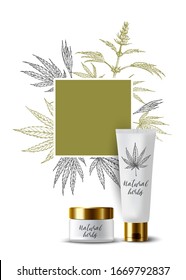 Cannabis, hemp sketch vector background. Medicinal eco herbs. Natural wild herbal cosmetic. Pharmacy herbs. Product Mockup. 3d realistic cosmetic bottles. Tube, jar of cream. Skin care product.