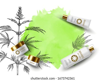 Cannabis, hemp sketch vector background. Medicinal eco herbs. Natural wild herbal cosmetic. Pharmacy herbs. Product Mockup. 3d realistic cosmetic bottles. Tube, spray, jar of cream. Skin care product.