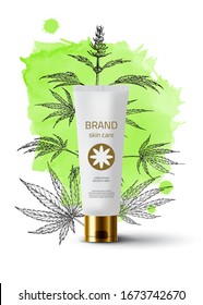 Cannabis, hemp sketch vector background. Medicinal eco herbs. Natural wild herbal cosmetic. Pharmacy herbs. Product Mockup. 3d realistic cosmetic bottle. Green watercolor stain. Cosmetic white tube.