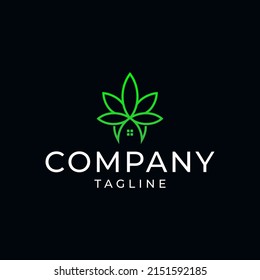 Cannabis House Line Art Logo And Leaf Home Icon Vector Illustration