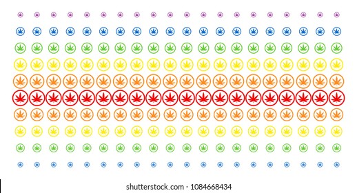 Cannabis icon spectral halftone pattern. Vector symbols arranged into halftone matrix with vertical spectral gradient. Designed for backgrounds, covers, templates and abstract concepts.