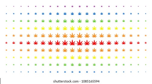 Cannabis icon spectrum halftone pattern. Vector cannabis shapes are organized into halftone grid with vertical spectral gradient. Designed for backgrounds, covers, templates and abstraction effects.