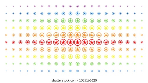 Cannabis icon spectrum halftone pattern. Vector cannabis pictograms are arranged into halftone grid with vertical rainbow colors gradient. Constructed for backgrounds, covers,