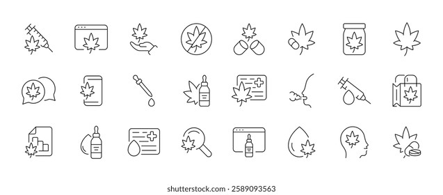 Cannabis icons collection: leaf, medical, oil, research, e-commerce line art. Linear vector