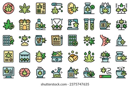 Los iconos de cannabis establecen el vector de contorno. Maleza médica. Color de la línea delgada de los medicamentos en blanco
