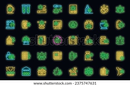 Cannabis icons set outline vector. Medical weed. Medicine drug neon color on black