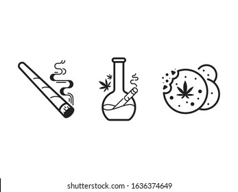 Cannabis Joint, Bong And Cookies Vector Icon Set