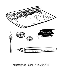 Cannabis joint vector drawing. Marijuana cigarette with buds and burning matches sketch. Smoking weed equipment.  Engraved hand drawn objects for shop label, packaging design.