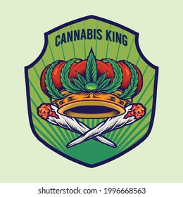 Cannabis King Crown Badge Logo Vector illustrations for your work Logo, mascot merchandise t-shirt, stickers and Label designs, poster, greeting cards advertising business company or brands.