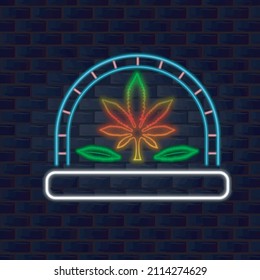  Cannabis Label With Neon Style. Vector and Illustration