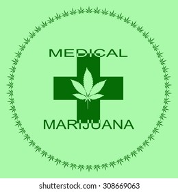 Cannabis leaf in abstract style with Green Cross and words Medical Marijuana