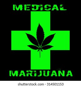 Cannabis leaf in abstract style with Green Cross and words Medical Marijuana