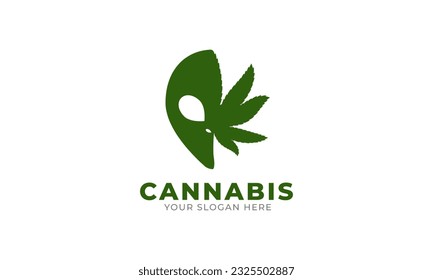 Hoja de cannabis con diseño vectorial de logotipo de cabeza alienígena