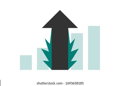Icono de gráfico ascendente de hoja de cannabis (flecha). Industrias petroleras de la marihuana, el cáñamo y el CDB. Concepto de crecimiento/precio del mercado de valores de la industria del cannabis.  Ilustración vectorial aislada en fondo blanco.