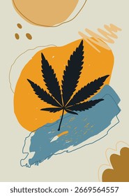 Fondo de hoja de cannabis para la marca, embalaje o invitaciones. Perfecto para carteles, tarjetas o portadas con Elementos botánicos abstractos en negrita, naranja, azul y tonos modernos terrosos.