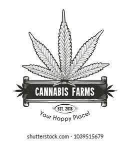 Cannabis leaf with banner logo. Label in engraved grunge style. Graphic design for clothes, shirt, apparel, logo. Vector illustration