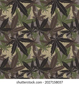 Ilustración de vectores sin soldadura del patrón de camuflaje de hojas de cannabis. Diseño del fondo del fondo de fondo de la textura de la repetición de mosaico.