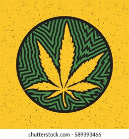 Cannabis leaf in circle with green strips on yellow grunge background