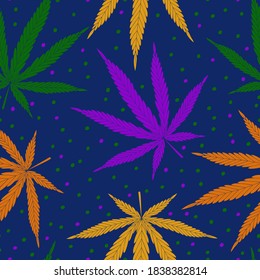  Hoja de cannabis. Patrón vectorial colorido sin soldadura sobre un fondo oscuro con puntos.