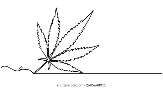 Cannabis leaf continuous line art. Marijuana in minimalist style. One line art, Continuous one line drawing of lush hemp leaf icon in silhouette on a white background. Linear stylized. pro vector.