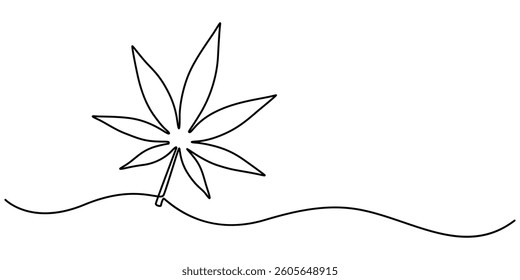 Cannabis leaf continuous line art. Marijuana in minimalist style. One line art, Continuous one line drawing of lush hemp leaf icon in silhouette on a white background. Linear stylized. pro vector.