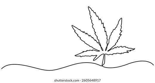 Cannabis leaf continuous line art. Marijuana in minimalist style. One line art, Continuous one line drawing of lush hemp leaf icon in silhouette on a white background. Linear stylized. pro vector.