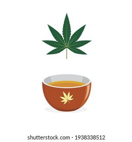cannabis leaf and a cup of hot cannabis tea for relax.