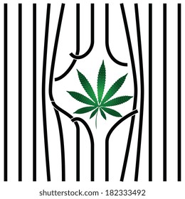 Cannabis leaf with damaged prison bars. Vector illustration.