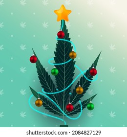 Cannabis leaf decorated instead of New Year tree. Blue neon Christmas lights, with colored toy balls. Marihuana icons silhouette pattern on the background. Can be used as card, banner, carousel image.