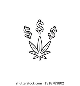 Cannabis-Blatt mit Dollarzeichen, Vektorsymbol. Drogengeschäft, Marihuana-Medizin, Konzept der Drogenkriminalität. Vektorgrafik-Illustration für Druck, Web, Mobile und Infografiken auf weißem Hintergrund.