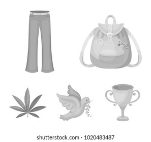 A cannabis leaf, a dove, jeans, a backpack.Hippy set collection icons in monochrome style vector symbol stock illustration web.