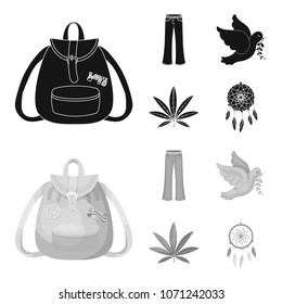 A cannabis leaf, a dove, jeans, a backpack.Hippy set collection icons in black,monochrom style vector symbol stock illustration web.