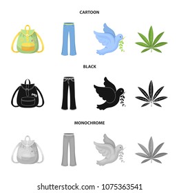 A cannabis leaf, a dove, jeans, a backpack.Hippy set collection icons in cartoon,black,monochrome style vector symbol stock illustration web.