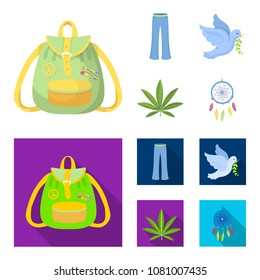 A cannabis leaf, a dove, jeans, a backpack.Hippy set collection icons in cartoon,flat style vector symbol stock illustration web.