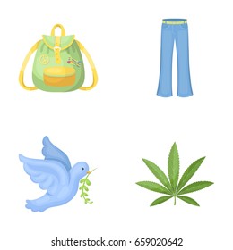 A cannabis leaf, a dove, jeans, a backpack.Hippy set collection icons in cartoon style vector symbol stock illustration web.