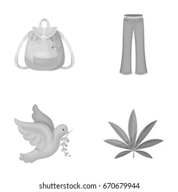 A cannabis leaf, a dove, jeans, a backpack.Hippy set collection icons in monochrome style vector symbol stock illustration web.