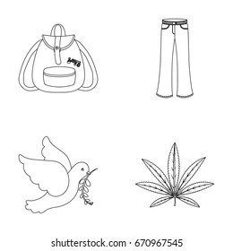 A cannabis leaf, a dove, jeans, a backpack.Hippy set collection icons in outline style vector symbol stock illustration web.