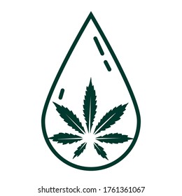 Logo con hoja de cannabis en la gota de aceite sobre fondo blanco. Aceite esencial de cáñamo. Aceite de cannabis. Se puede usar para la industria alimentaria, diseño de productos, logotipo, signo, publicidad, fondo. Dibujado a mano. Vector