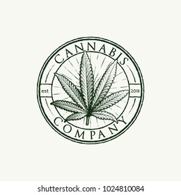 Cannabis leaf engraved logo. Label in vintage grunge style with rays. Graphic design for clothes, shirt, apparel, logo. Vector illustration