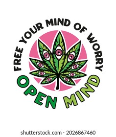 Cannabis Leaf with Eyes Smoking Weed Poster. Open Your Mind! Cannabis  Culture. Vector Illustration.