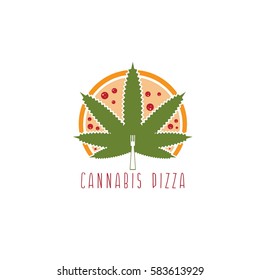 cannabis leaf with fork and pizza slices vector design template