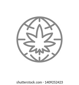 Cannabis leaf with globe line icon. World cannabis day symbol and sign vector illustration design. Isolated on white background