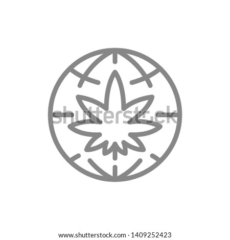 Cannabis leaf with globe line icon. World cannabis day symbol and sign vector illustration design. Isolated on white background