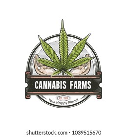 Cannabis leaf with hands and banner logo. Label in vintage grunge style. Graphic design for clothes, shirt, apparel, logo. Vector colorful illustration
