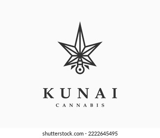 Cannabis Leaf Hemp Herb Weed CBD THC Sativa Kunai Knife Assassin Samurai Ninja Vector Logo Design