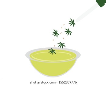 Cannabis Leaf and Hemp seeds Falling into a Jar with Hemp Oil