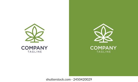 Cannabis leaf hemp vector. Marijuana greenhouse line logo design